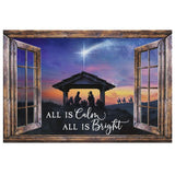 Faith-based Christmas wall art displaying "All Is Calm All Is Bright" with a nativity scene in a window frame, great religious holiday decor.