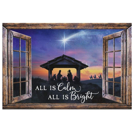 Faith-based Christmas wall art displaying "All Is Calm All Is Bright" with a nativity scene in a window frame, great religious holiday decor.