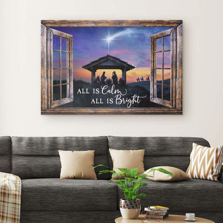 Inspirational canvas print with "All Is Calm All Is Bright," Jesus' birth, and window frame design, ideal Christian Christmas gifts.
