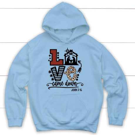 Christian Christmas gifts - Love came down John 3:16 Christmas hoodie Light Blue / S
