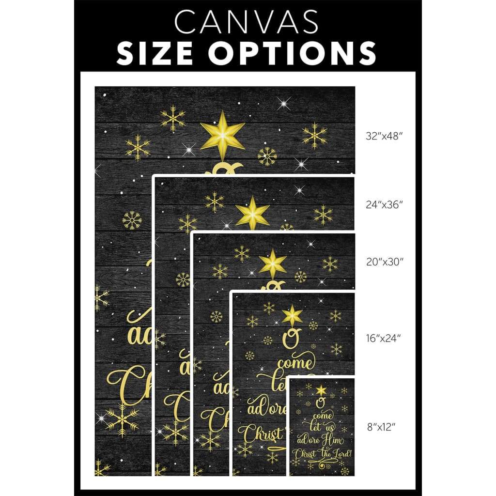 Religious Christmas wall art canvas with "O Come Let Us Adore Him, Christ The Lord" and a festive Christmas tree, perfect for faith-filled Christmas home decor.