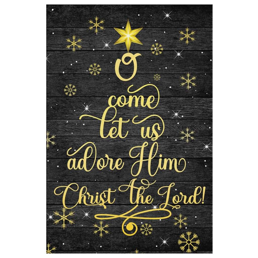 Faith-based Christmas wall art displaying &quot;O Come Let Us Adore Him&quot; with a decorated Christmas tree, great religious holiday decor for homes.