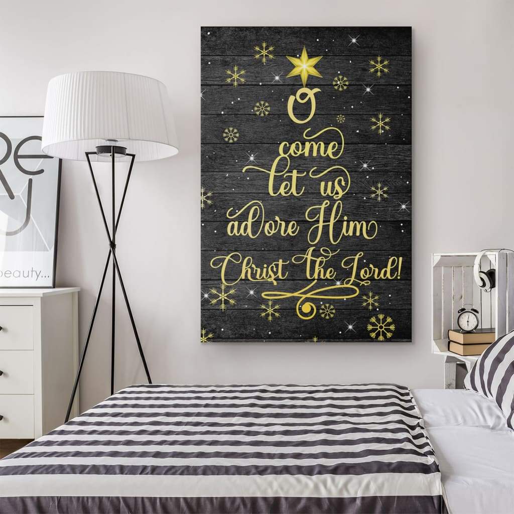 Inspirational canvas print with "O Come Let Us Adore Him, Christ The Lord" and a beautifully decorated Christmas tree, ideal Christian wall art.