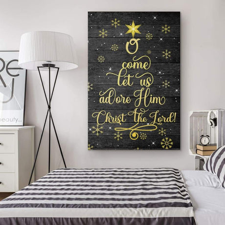 Inspirational canvas print with "O Come Let Us Adore Him, Christ The Lord" and a beautifully decorated Christmas tree, ideal Christian wall art.