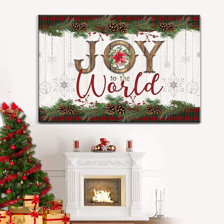 Christian Christmas wall art featuring "Joy To The World" with a Merry Christmas border, perfect faith-based holiday gifts.