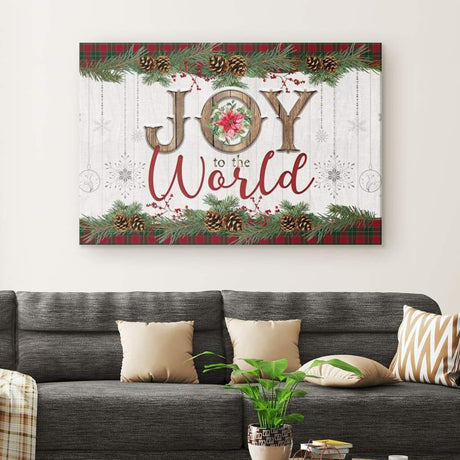 Inspirational canvas print with "Joy To The World" and a festive Merry Christmas border, ideal Christian Christmas gift.