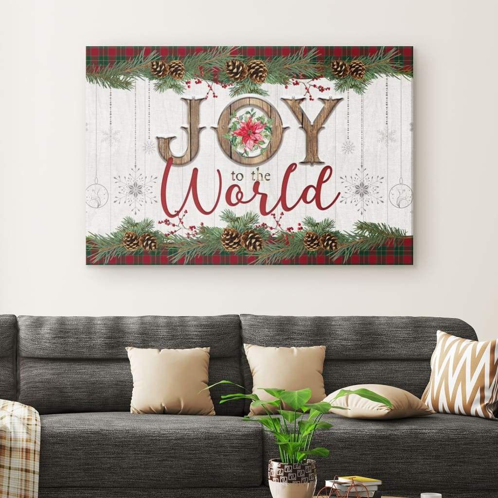 Inspirational canvas print with &quot;Joy To The World&quot; and a festive Merry Christmas border, ideal Christian Christmas gift.