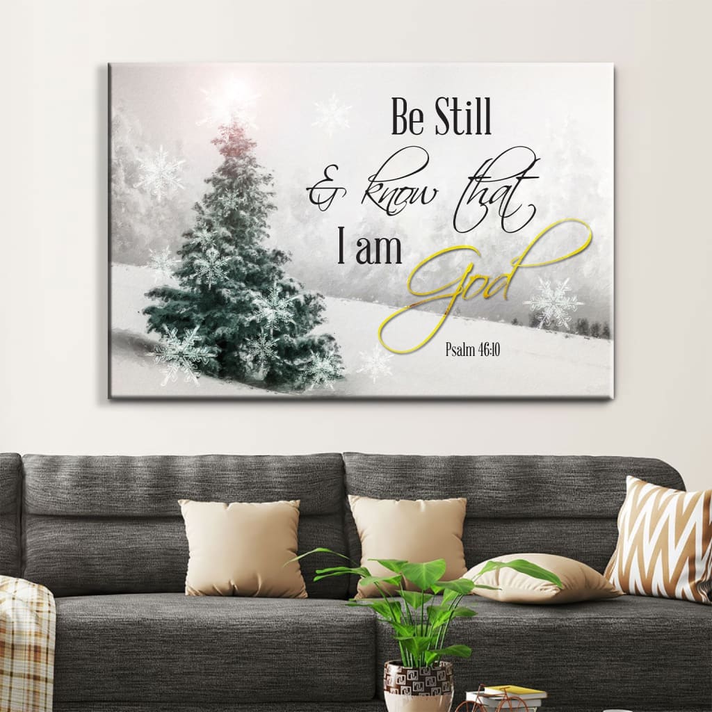 Inspirational canvas wall art with &quot;Be Still And Know That I Am God&quot; and Christmas tree, ideal Christian Christmas wall decor for homes.