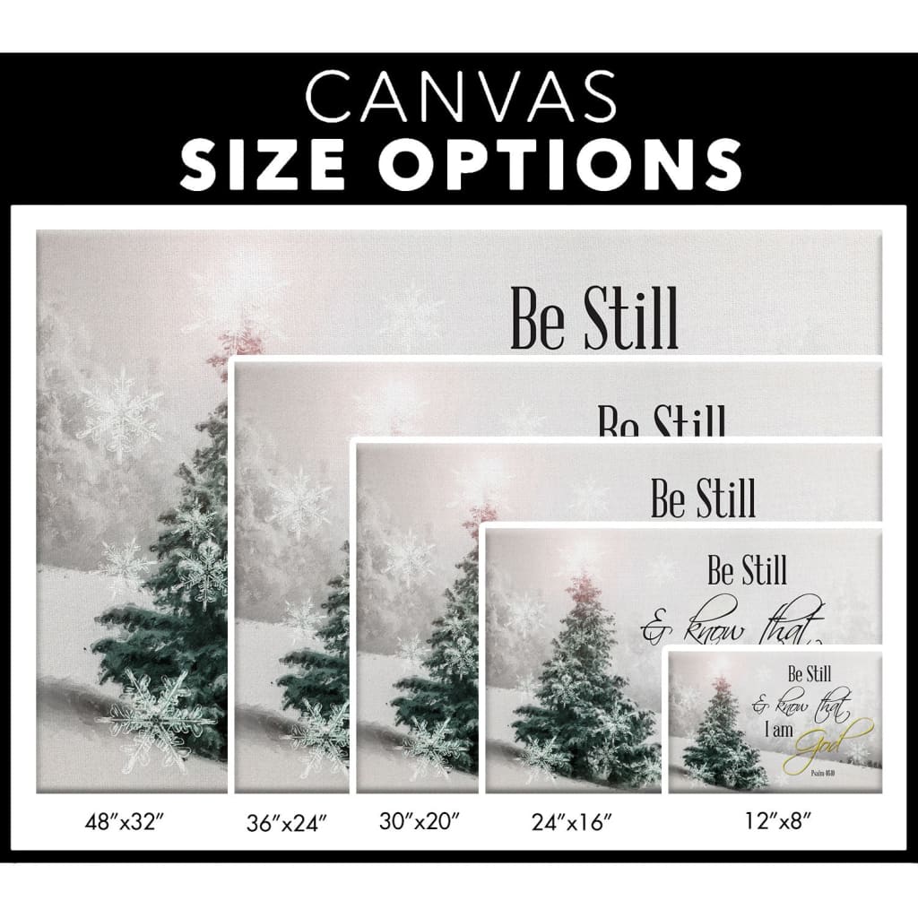 Religious Christmas wall art canvas with &quot;Be Still And Know That I Am God&quot; and Christmas tree, perfect for faith-filled home decor.