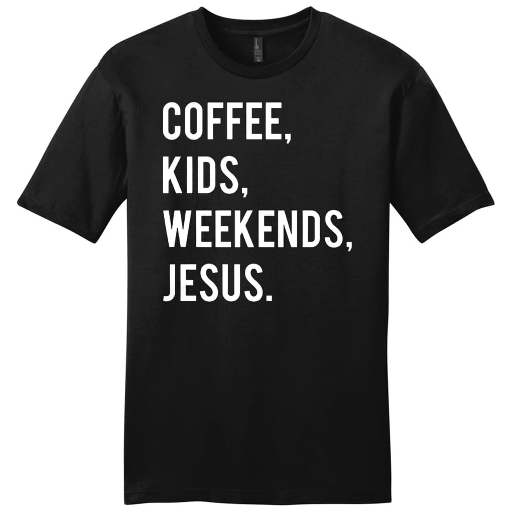 Coffee kids weekends Jesus mens Christian t-shirt Black / S