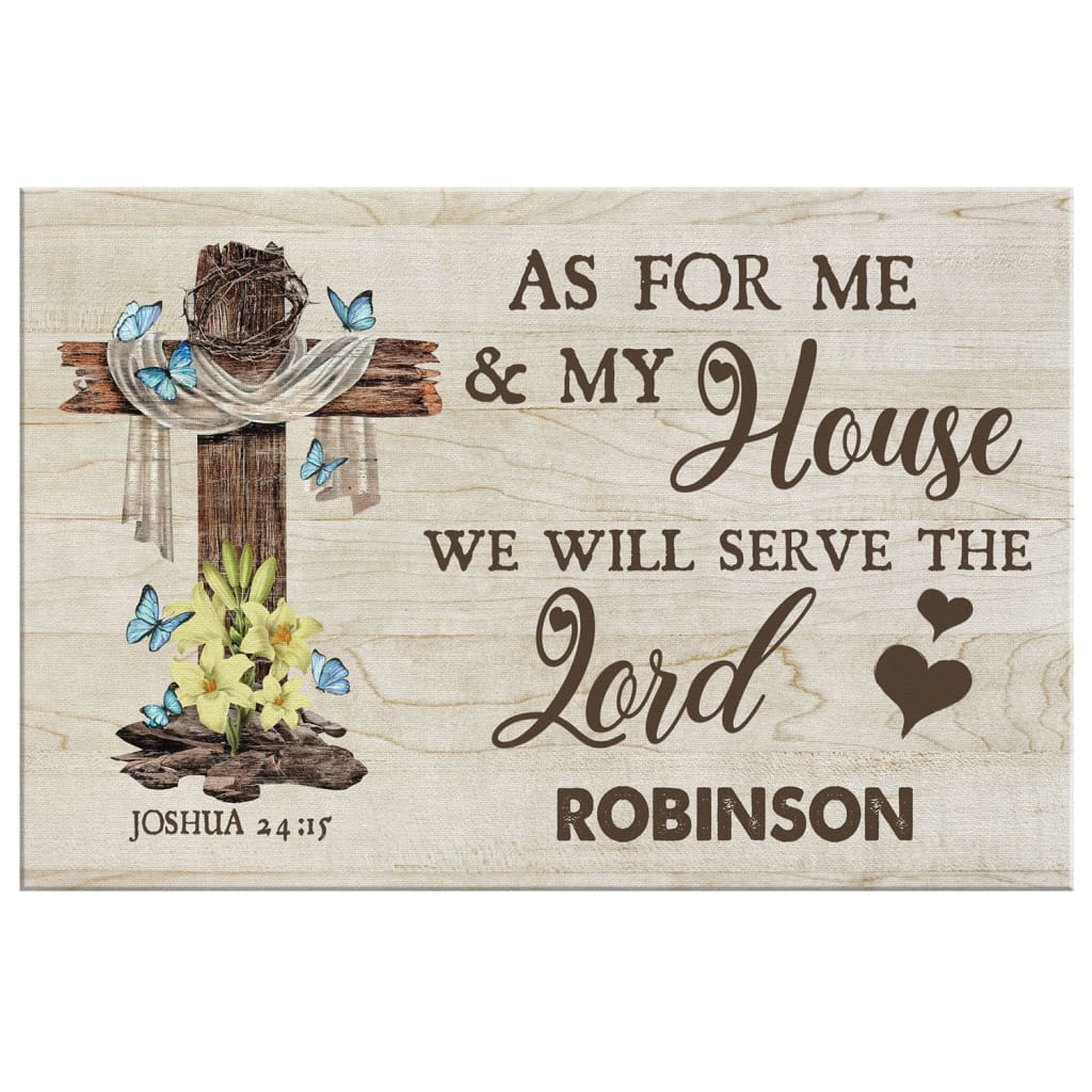 Custom family name wall art with Joshua 24:15 scripture, great for religious home decoration.