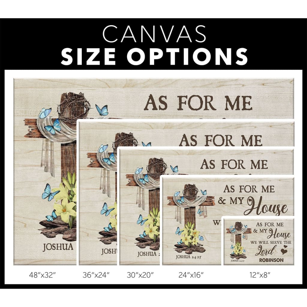 Faith-based wall art with Bible verse &quot;As For Me And My House&quot; and personalized family name, perfect for Christian homes.