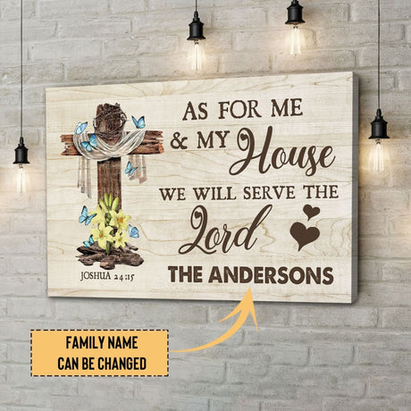 Christian wall art featuring "As For Me And My House" Bible verse with custom family name, ideal for faith-inspired gifts.