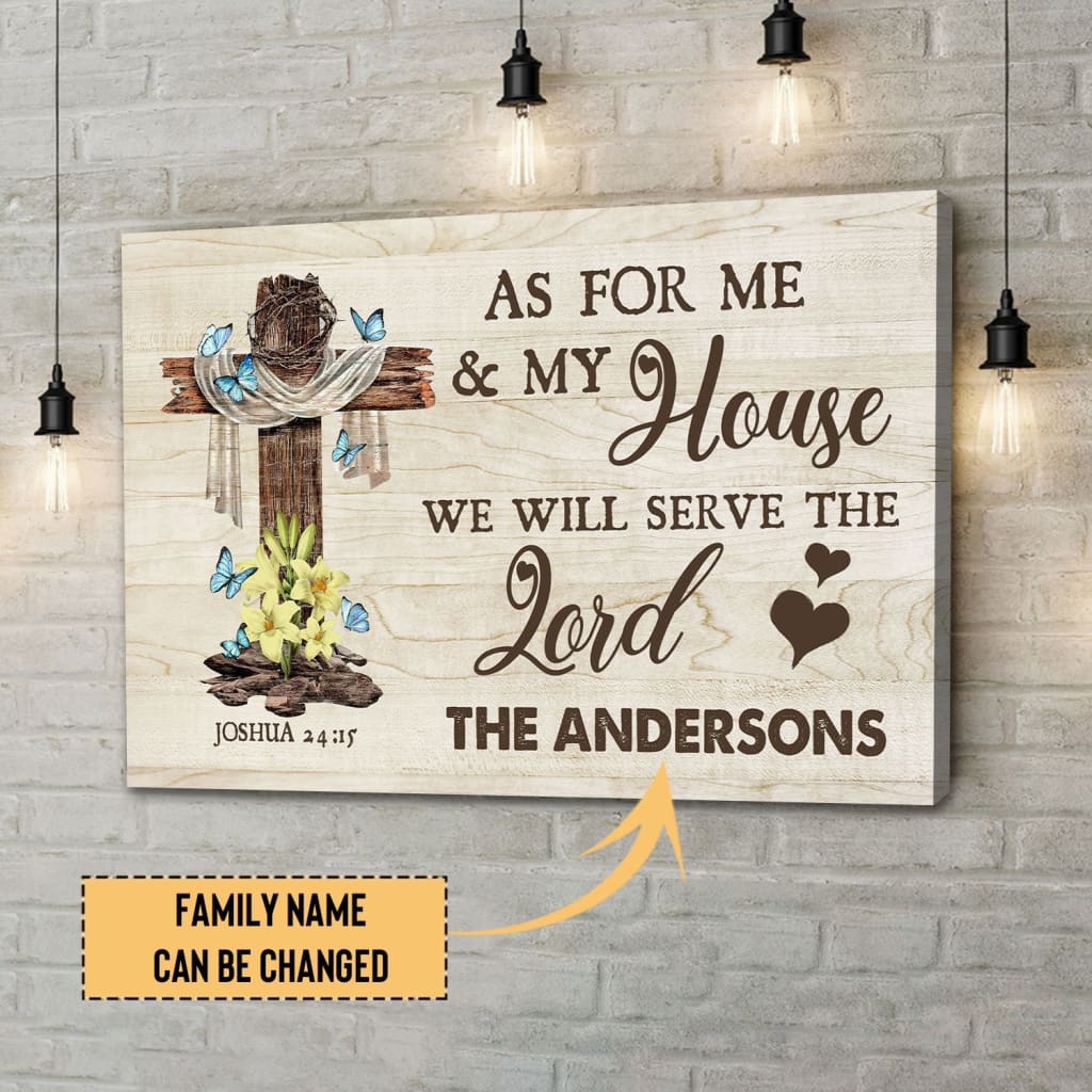 Christian wall art featuring &quot;As For Me And My House&quot; Bible verse with custom family name, ideal for faith-inspired gifts.
