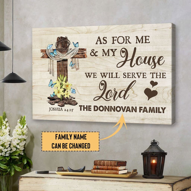 Cross Personalized wall art with Joshua 24:15 Bible verse and custom family name, perfect for Christian home décor.