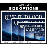 Blue background Christian wall art with wooden cross and "Give it to God and go to sleep" for bedroom decor / canvas size options.