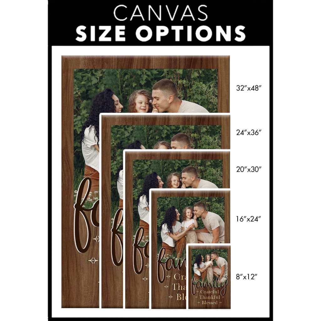 Personalized Christian canvas wall art with "Grateful Thankful Blessed" and family photo.