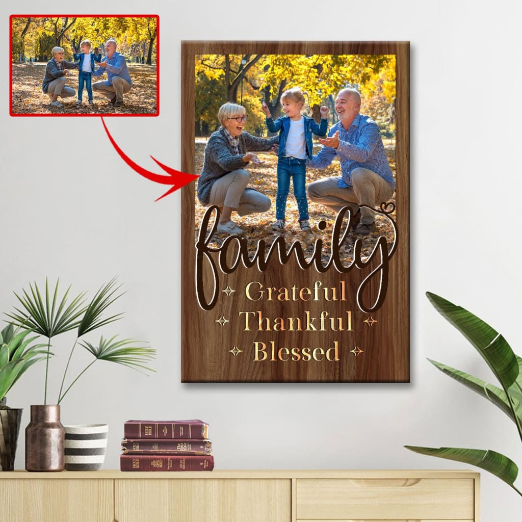 Custom Christian wall art canvas with "Grateful Thankful Blessed" and family photo personalization.