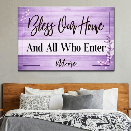 "Bless Our Home" personalized Christian wall art canvas, featuring custom family name for a unique touch / Purple.
