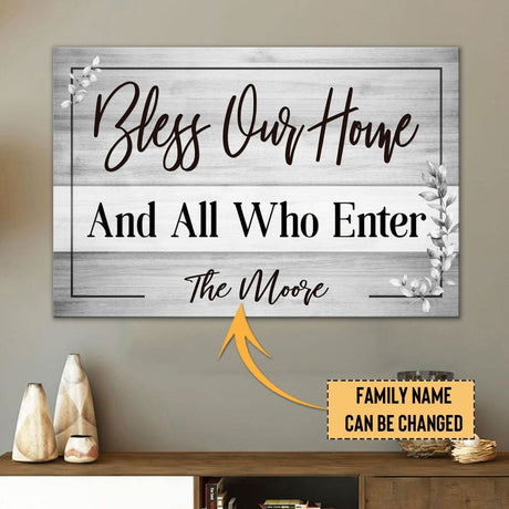 Custom "Bless Our Home" Christian wall art canvas with family name, ideal for Christian home decor / Grey.
