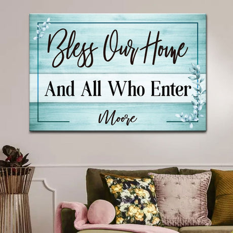 Custom family name wall art: Bless our home and all who enter canvas print Christian gifts / Teal.