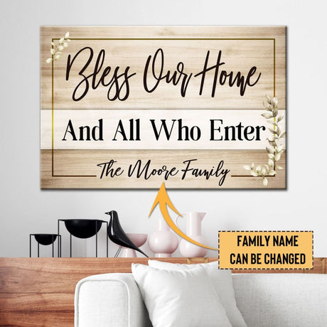Personalized "Bless Our Home" Christian wall art canvas with custom family name, perfect for home decor / Brown.