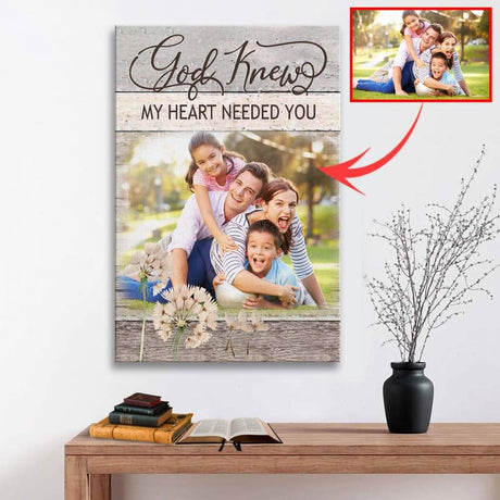 Personalized "God Knew My Heart Needed You" Christian wall art canvas with custom photo, heartfelt faith-based gift.