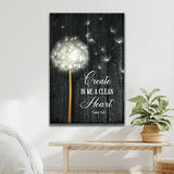 Bible verse wall art: Psalm 51:10, "Create in me a clean heart," dandelion design, gray wooden background.