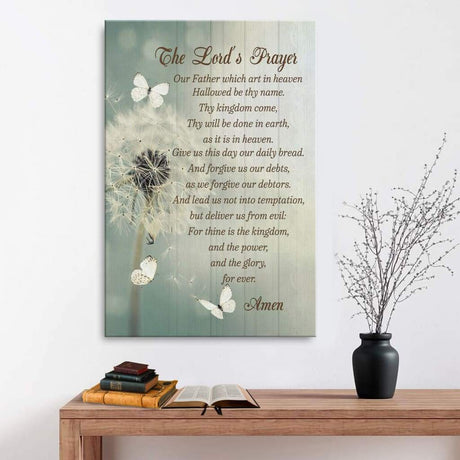 Christian wall art canvas print with The Lord's Prayer and dandelion, ideal inspirational wall art for believers.