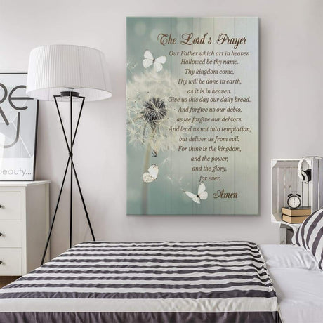 Religious wall art canvas featuring The Lord's Prayer and dandelion design, perfect for faith-filled home decor.