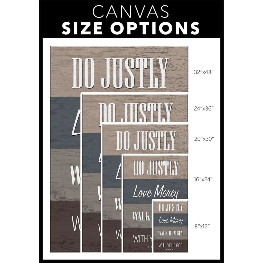 Rustic Christian wall decor with Micah 6:8, "Do justly, love mercy, walk humbly," great for Scripture-inspired home decor / canvas size options.