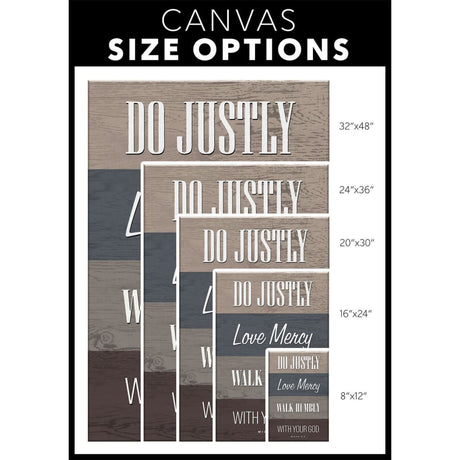 Rustic Christian wall decor with Micah 6:8, "Do justly, love mercy, walk humbly," great for Scripture-inspired home decor / canvas size options.