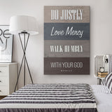 Bible verse wall art with Micah 6:8, "Do justly, love mercy, walk humbly," rustic farmhouse canvas, ideal Christian decor.