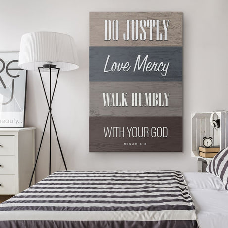 Bible verse wall art with Micah 6:8, "Do justly, love mercy, walk humbly," rustic farmhouse canvas, ideal Christian decor.