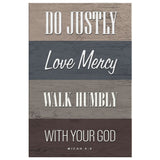 Scripture wall art featuring Micah 6:8, "Do justly, love mercy, walk humbly," in rustic farmhouse style, perfect for homes.
