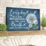 Christian gifts wall art canvas with dragonflies and dandelions, highlighting the phrase "Every Day Is A New Beginning" on a Blue backdrop.