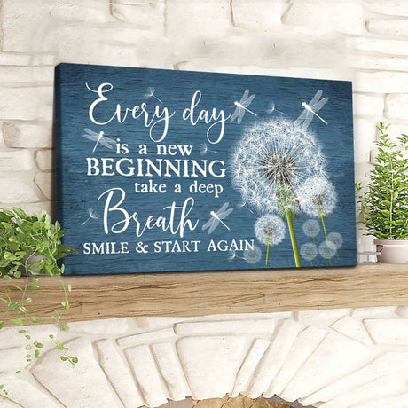Christian gifts wall art canvas with dragonflies and dandelions, highlighting the phrase "Every Day Is A New Beginning" on a Blue backdrop.