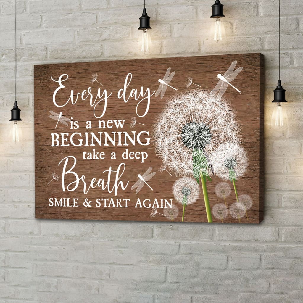 Inspirational wall art canvas displaying dragonflies and dandelions with "Every Day Is A New Beginning," perfect for Christian gifts / Brown.