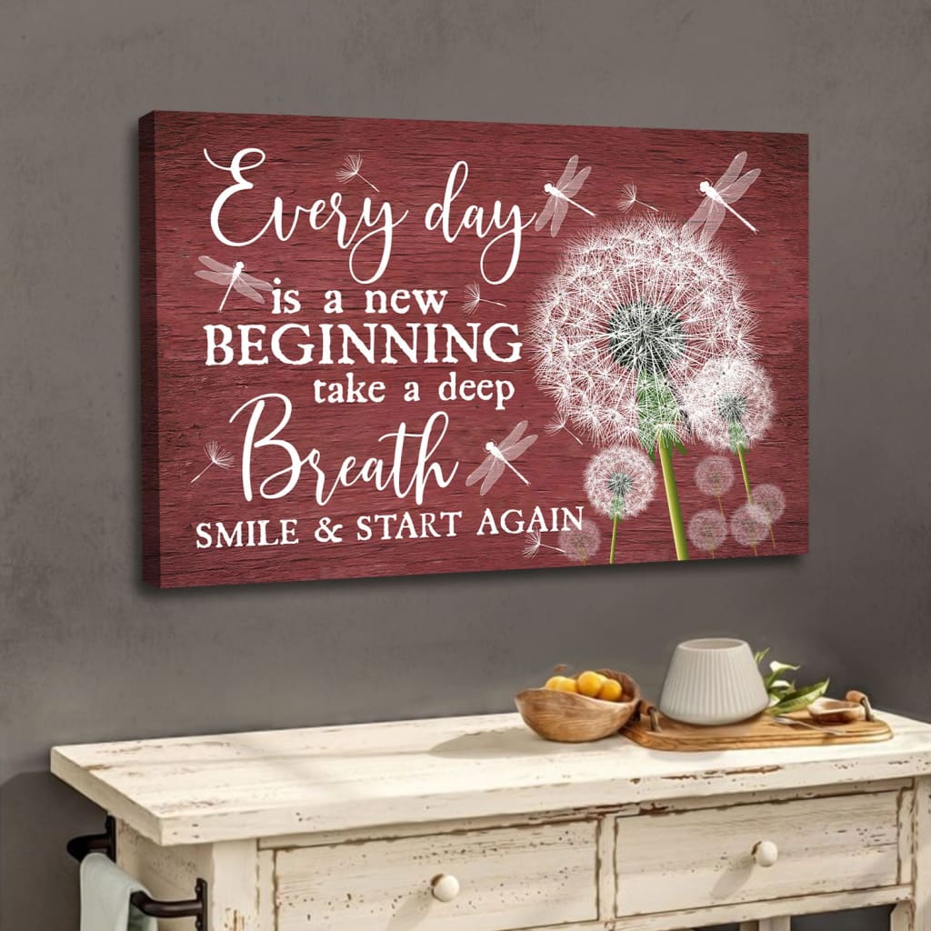Beautiful wall art canvas featuring dragonflies and dandelions with the uplifting message "Every Day Is A New Beginning." Red.