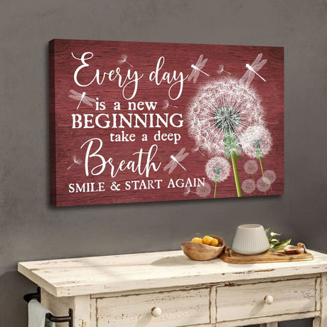 Beautiful wall art canvas featuring dragonflies and dandelions with the uplifting message "Every Day Is A New Beginning." Red.