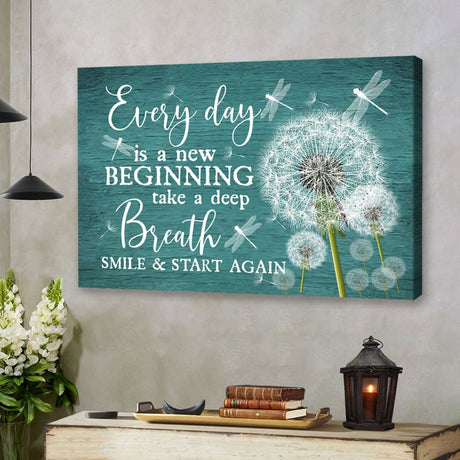 "Every Day Is A New Beginning" wall art canvas showcases dragonflies and dandelions against a vibrant Teal background.