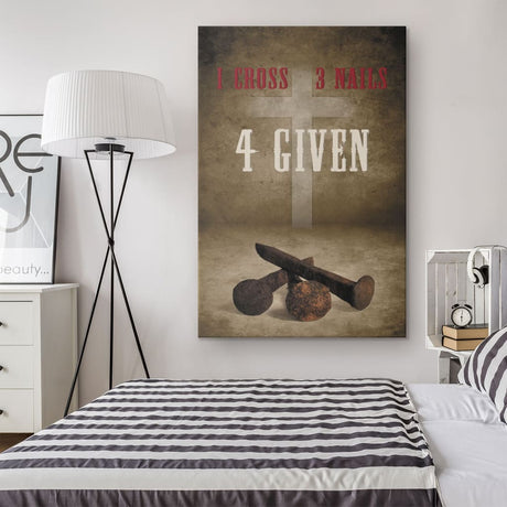 Easter canvas with "1 Cross 3 Nails 4given" message, meaningful Christian wall decor.