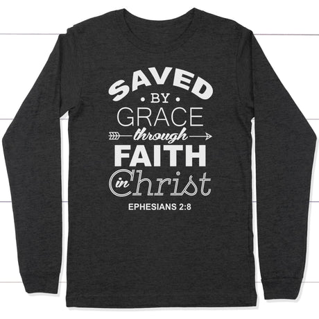 Ephesians 2:8 Saved by grace long sleeve t-shirt | Christian apparel Dark Grey Heather / S
