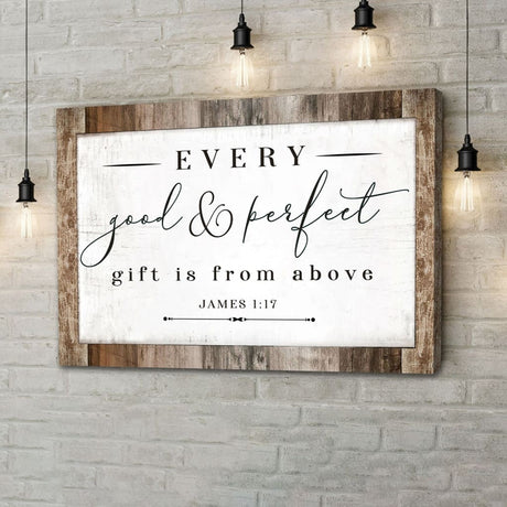 Christian wall art with James 1:17, "Every Good and Perfect Gift Is From Above," framed by a Brown border, ideal for faith-based gifts.