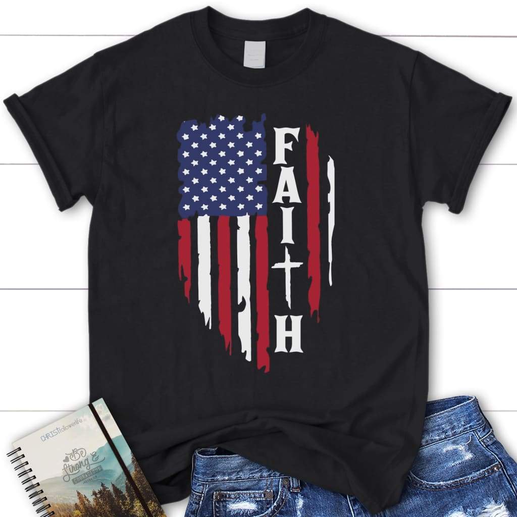 Faith and American flag women’s Christian t-shirt Black / S