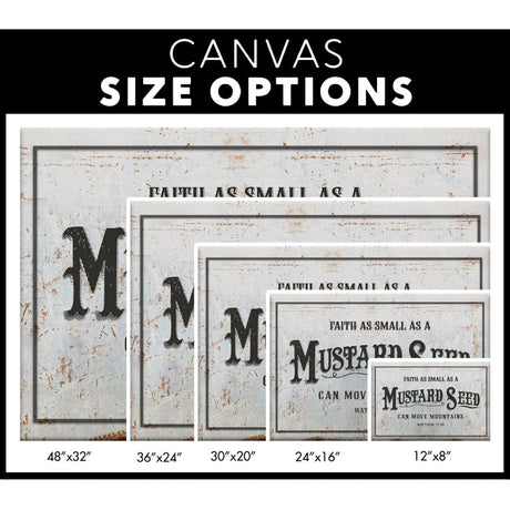 Christian rustic farmhouse canvas print featuring "Faith As Small As A Mustard Seed Can Move Mountains," ideal inspirational wall art.