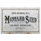 Faith-based rustic wall art displaying "Faith As Small As A Mustard Seed Can Move Mountains," great religious decor for farmhouse-style homes.