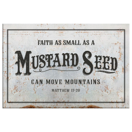 Faith-based rustic wall art displaying "Faith As Small As A Mustard Seed Can Move Mountains," great religious decor for farmhouse-style homes.