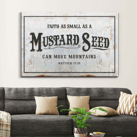 Bible verse canvas print with "Faith As Small As A Mustard Seed Can Move Mountains" in a rustic farmhouse design, ideal Christian wall art.