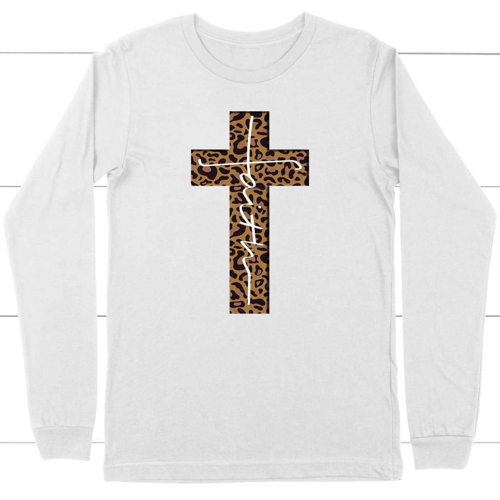 Faith cross leopard Christian long sleeve t-shirt | Faith apparel White / S